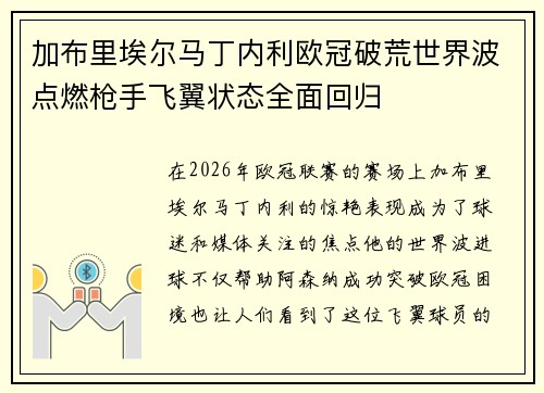 加布里埃尔马丁内利欧冠破荒世界波点燃枪手飞翼状态全面回归