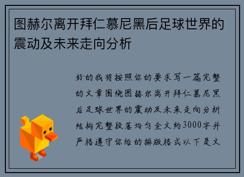 图赫尔离开拜仁慕尼黑后足球世界的震动及未来走向分析